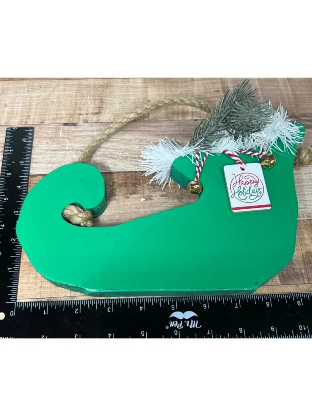 Handcrafted Green Wooden Elf Shoe Holiday Decor With Festive Embellishments